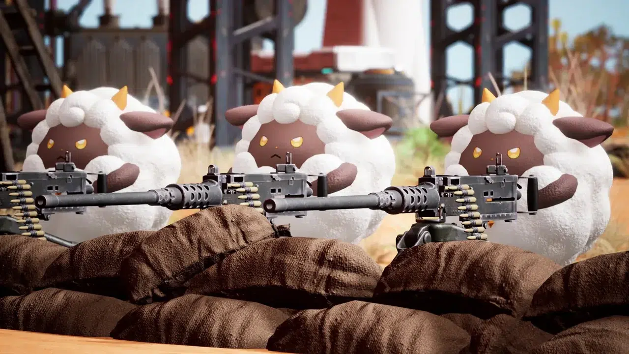 Three cartoon sheep with white wool and brown faces firing rifles from behind sandbags in a desert like battlefield