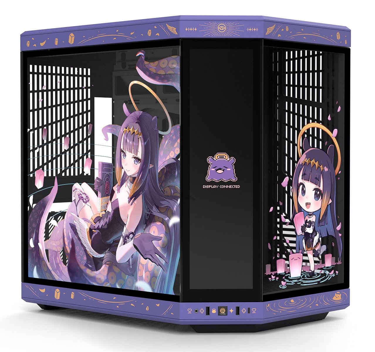 Custom PC case with anime artwork two purple haired girls in a fantasy scene on glass panels and a purple decorative border with gold accents