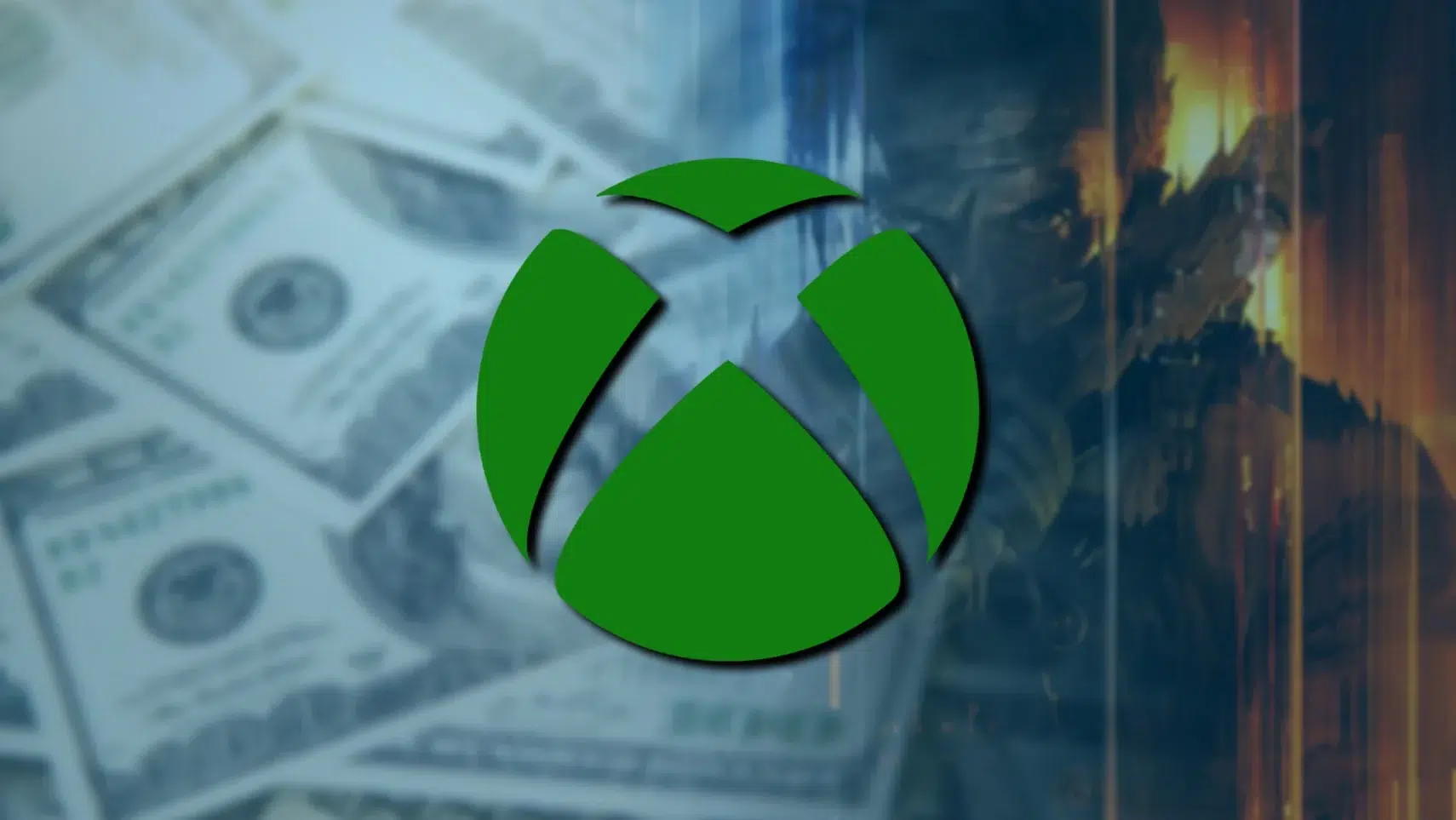 Green recycling style logo centered over a blurred background of dollar bills and digital graphics suggesting eco finance