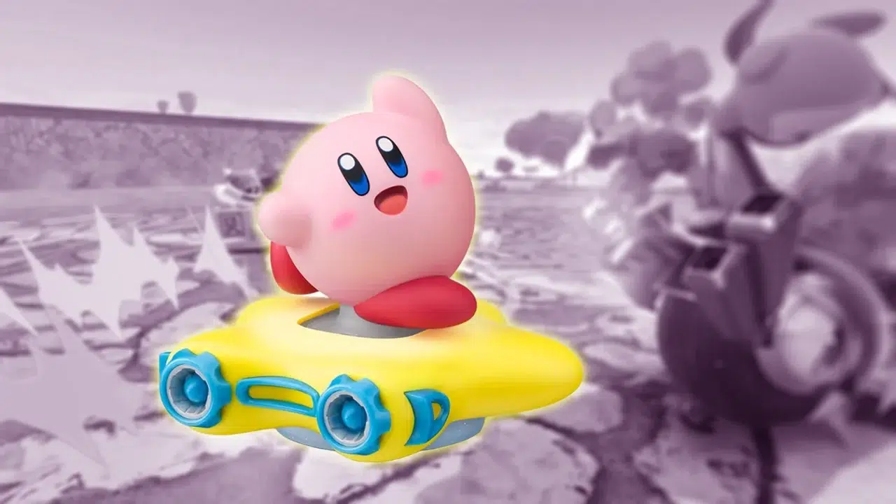 Kirby in a yellow hover car racing on a track with a blurred motorcycle in the background