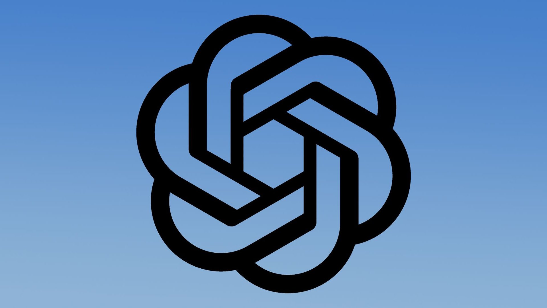 Logo of interconnected black rounded shapes forming a cube on a blue sky gradient background