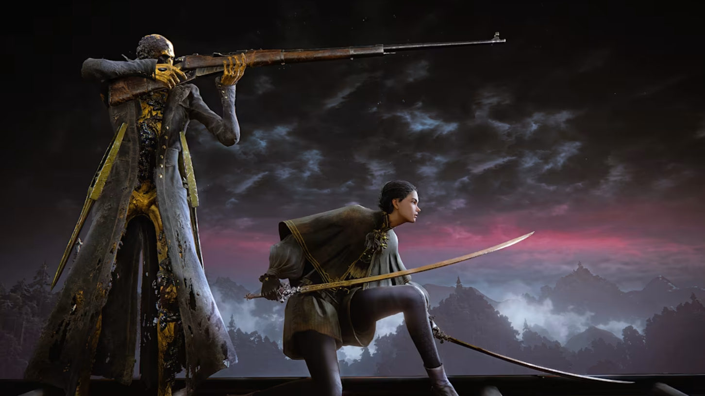 Two fighters on a hill at dusk a tall figure in a tattered coat aiming a long musket while a woman crouches with a curved sword ready to strike