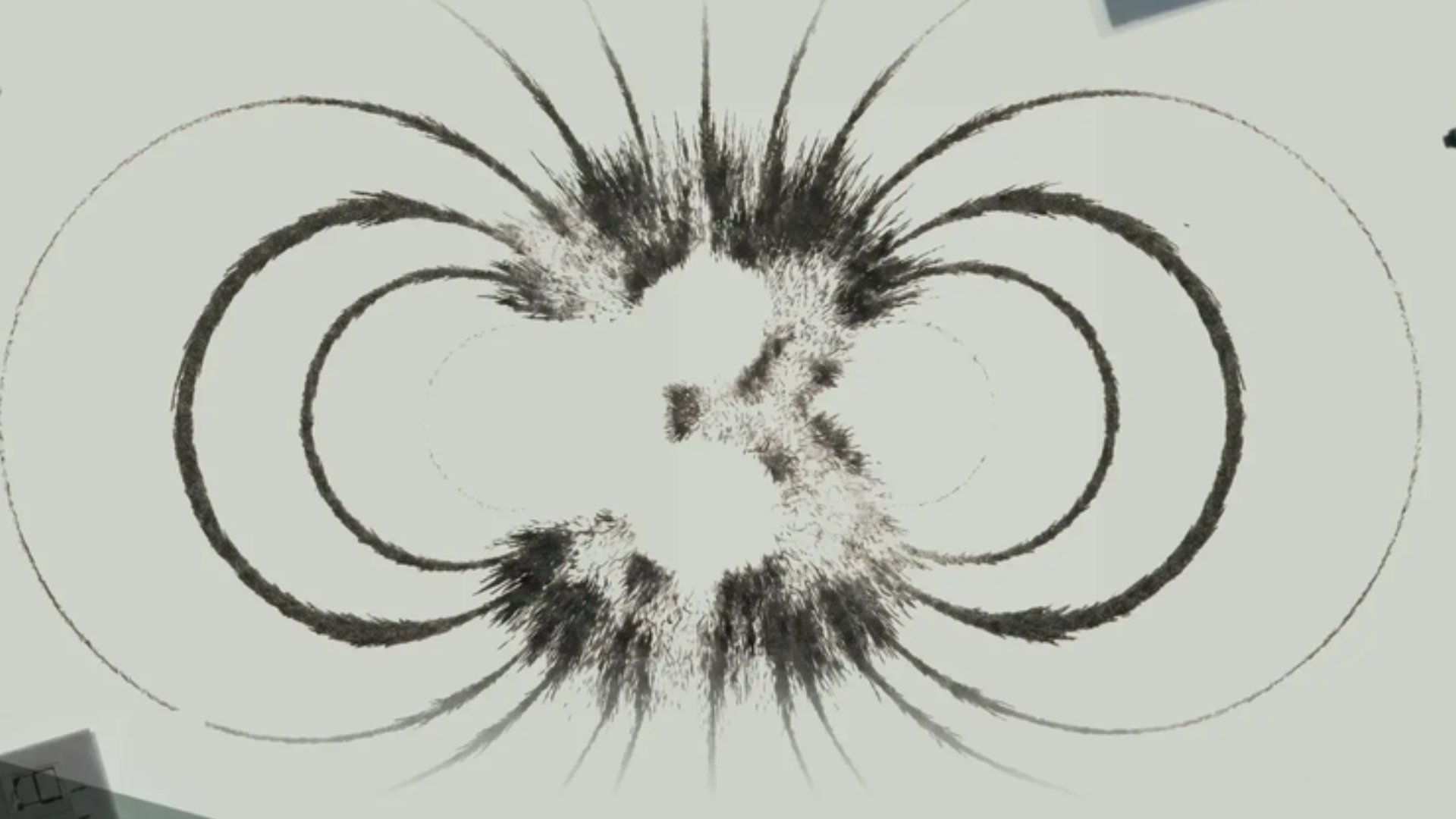Abstract black ink drawing with radiating spiky lines and overlapping circular rings on a pale background