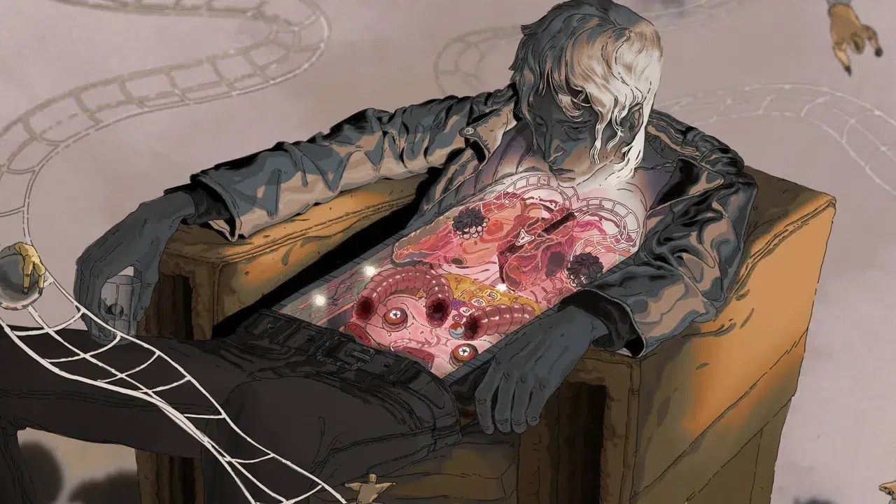 Man slumped in a chair with his chest open revealing bright surreal internal organs in a stylized illustration