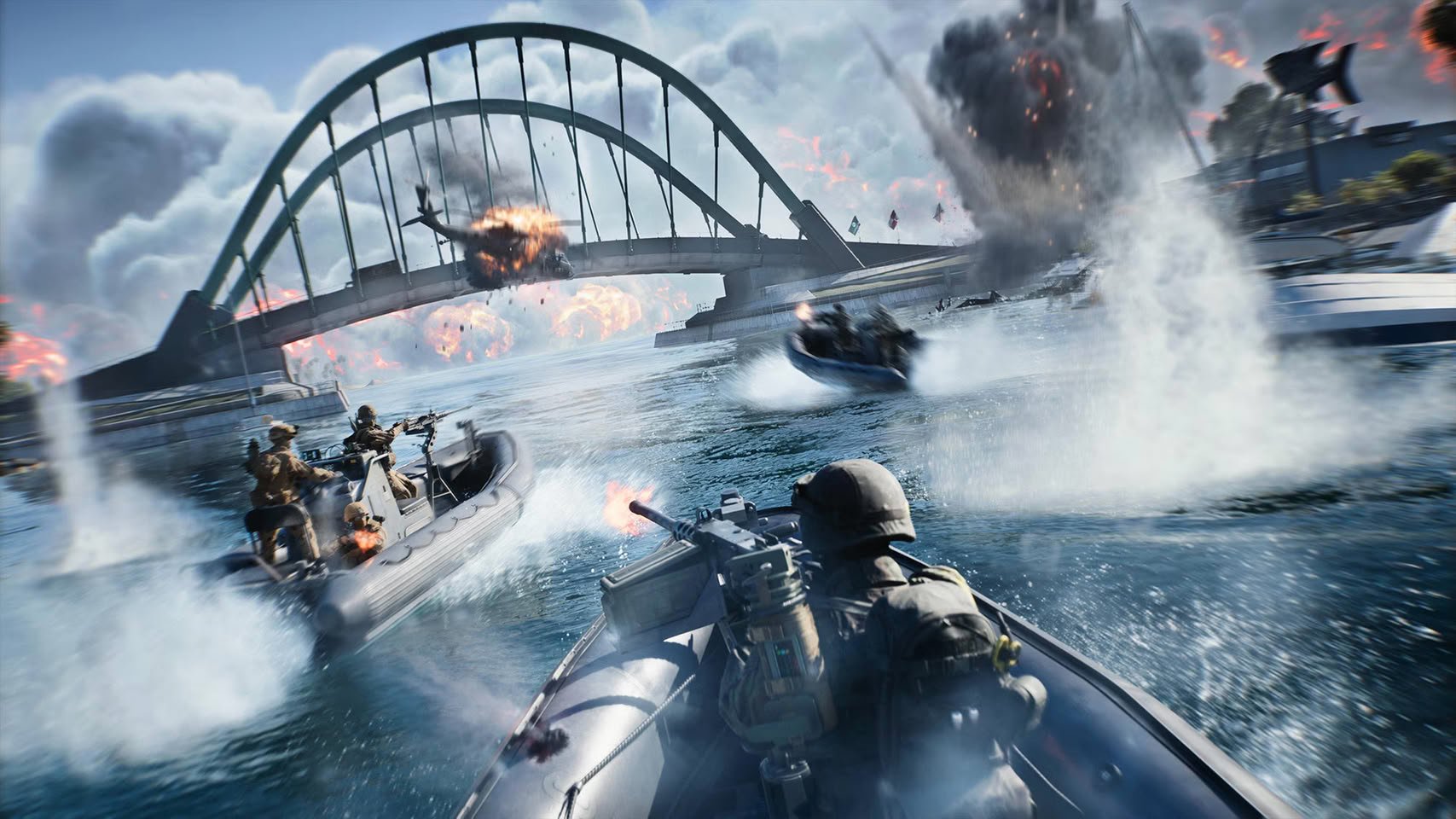 Naval battle on a river with armed boats firing as explosions erupt near a large arched bridge in the distance
