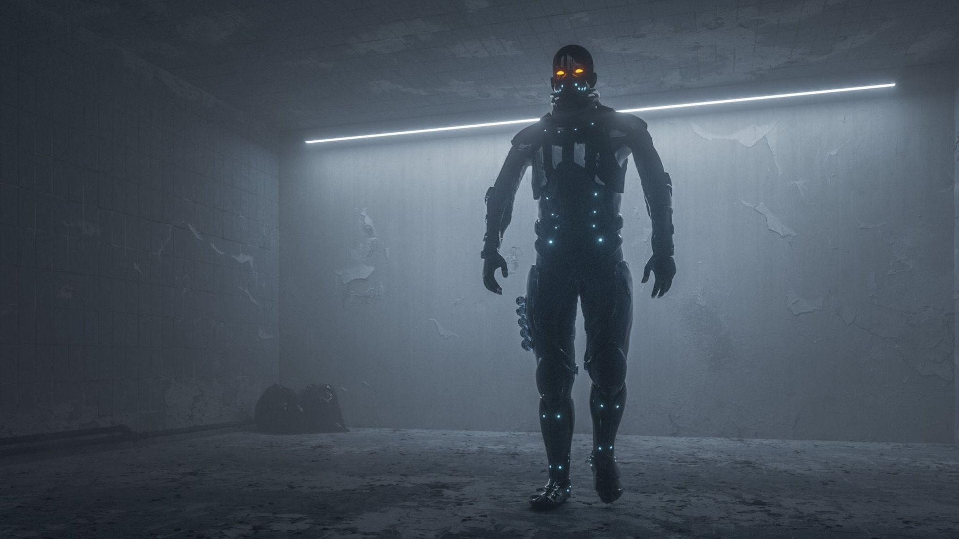 Humanoid robot with glowing orange eyes and blue lit joints stands in a dim foggy concrete room