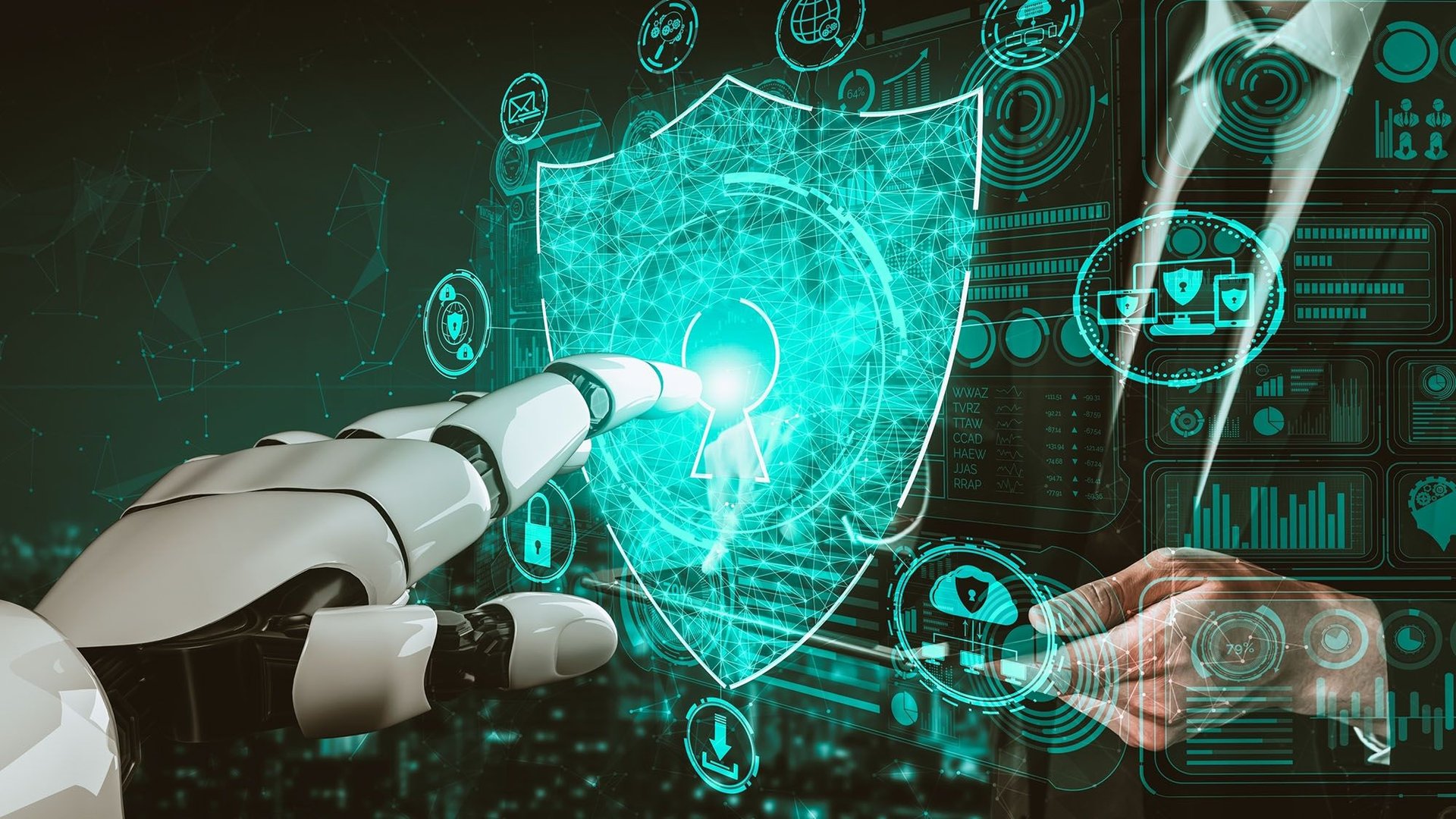 Robotic hand reaches toward a glowing wireframe shield symbolizing cybersecurity and data protection amid digital dashboards