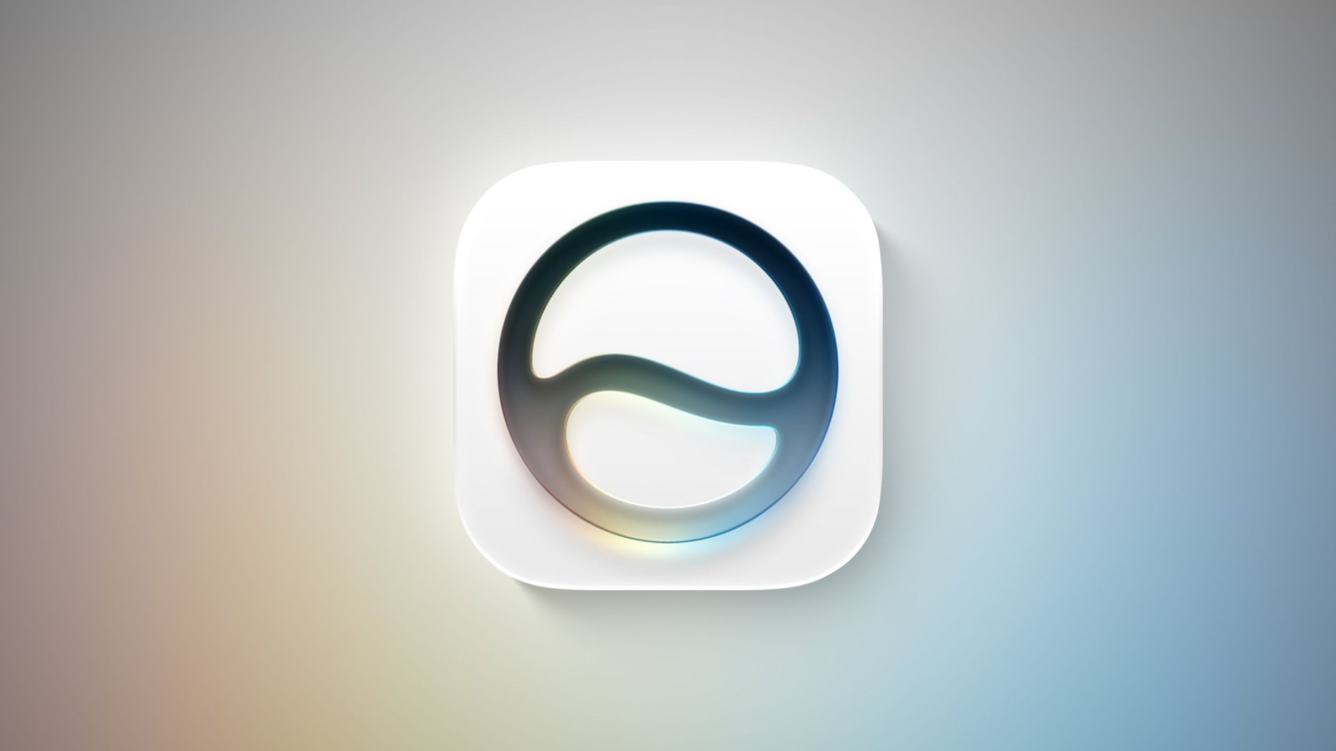 App icon white rounded square with a glossy blue looped lowercase a on a soft gradient background