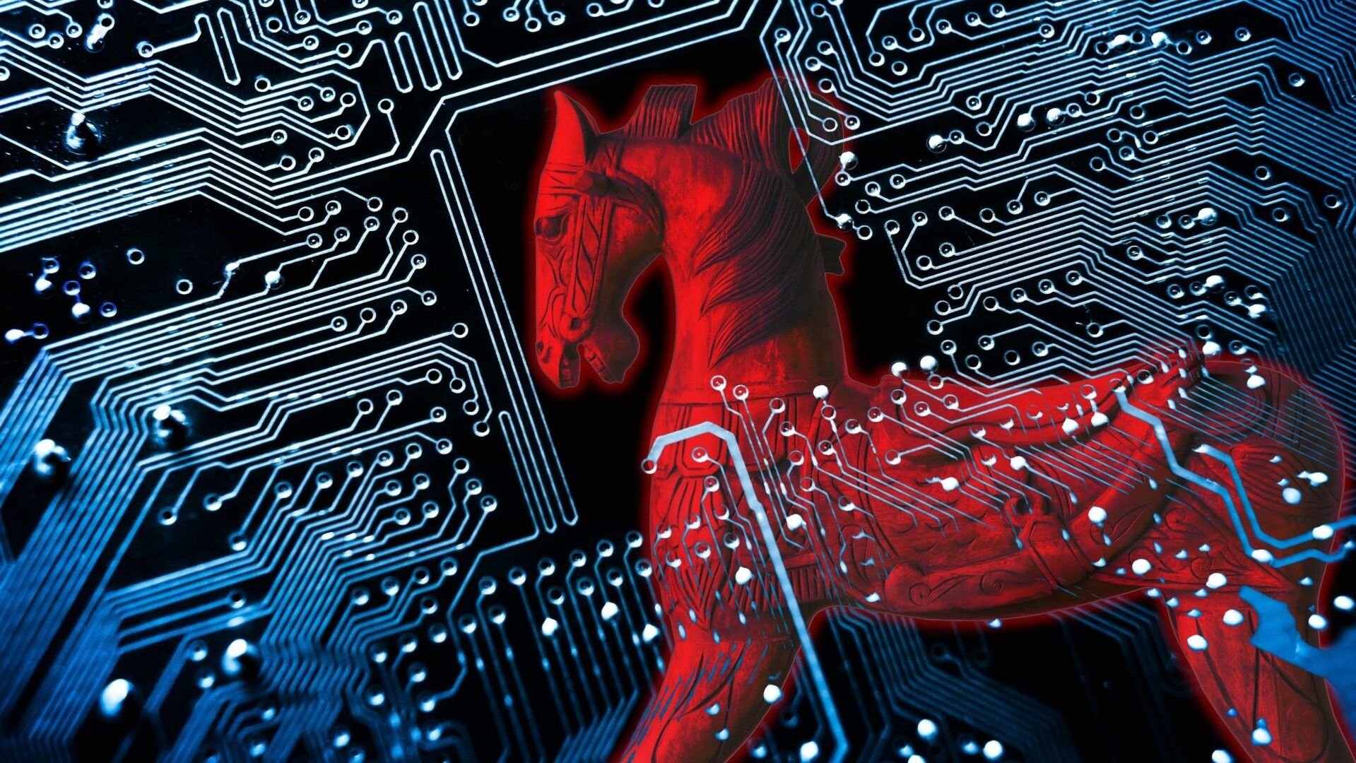 Red horse silhouette overlaid on a blue circuit board background suggesting tech and innovation