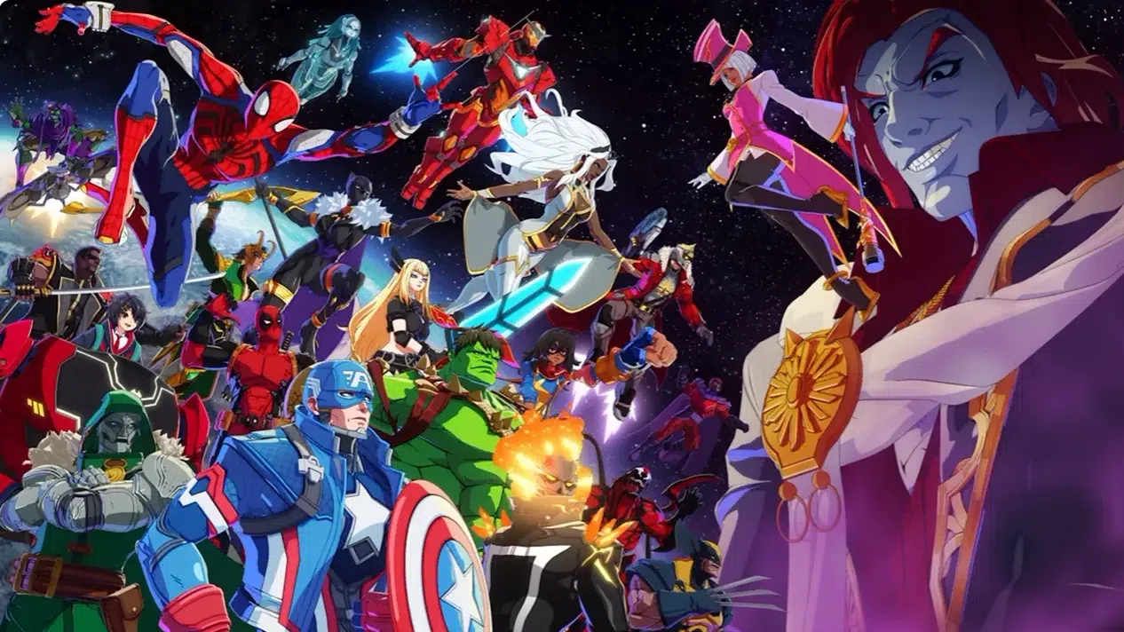 Colorful team of superheroes posing and fighting in a starry space battlefield