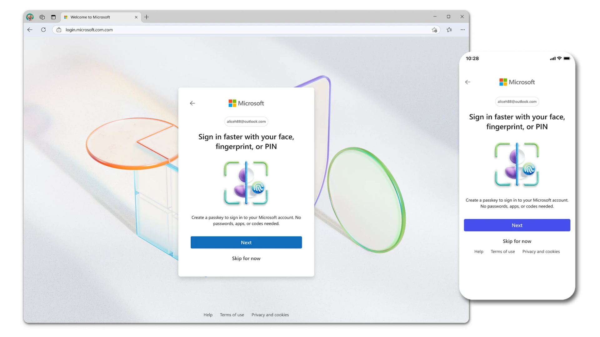 Desktop and mobile screens showing a Microsoft sign in prompt offering passwordless sign in via face fingerprint or PIN on a white card overlaying a light background