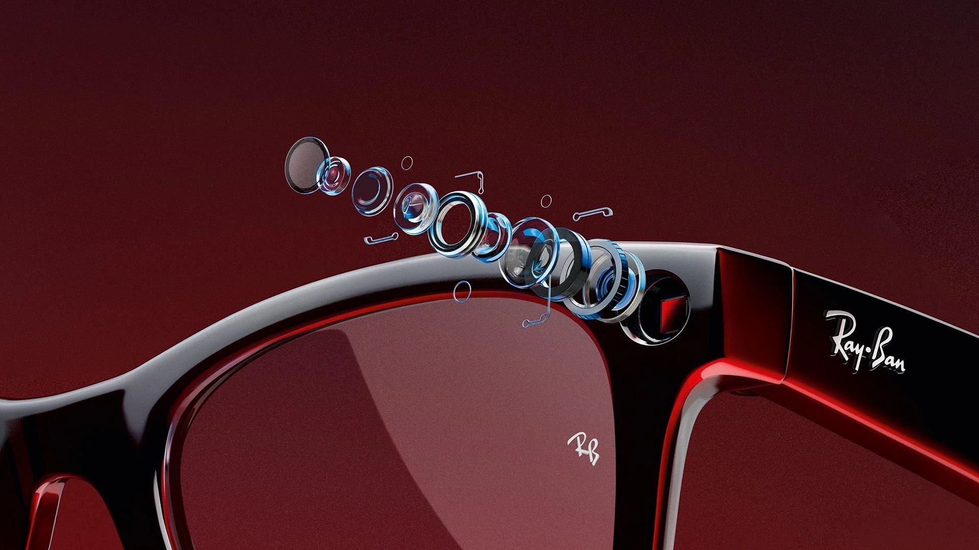 Exploded view of a red Ray Ban eyewear frame showing lenses and components in mid air