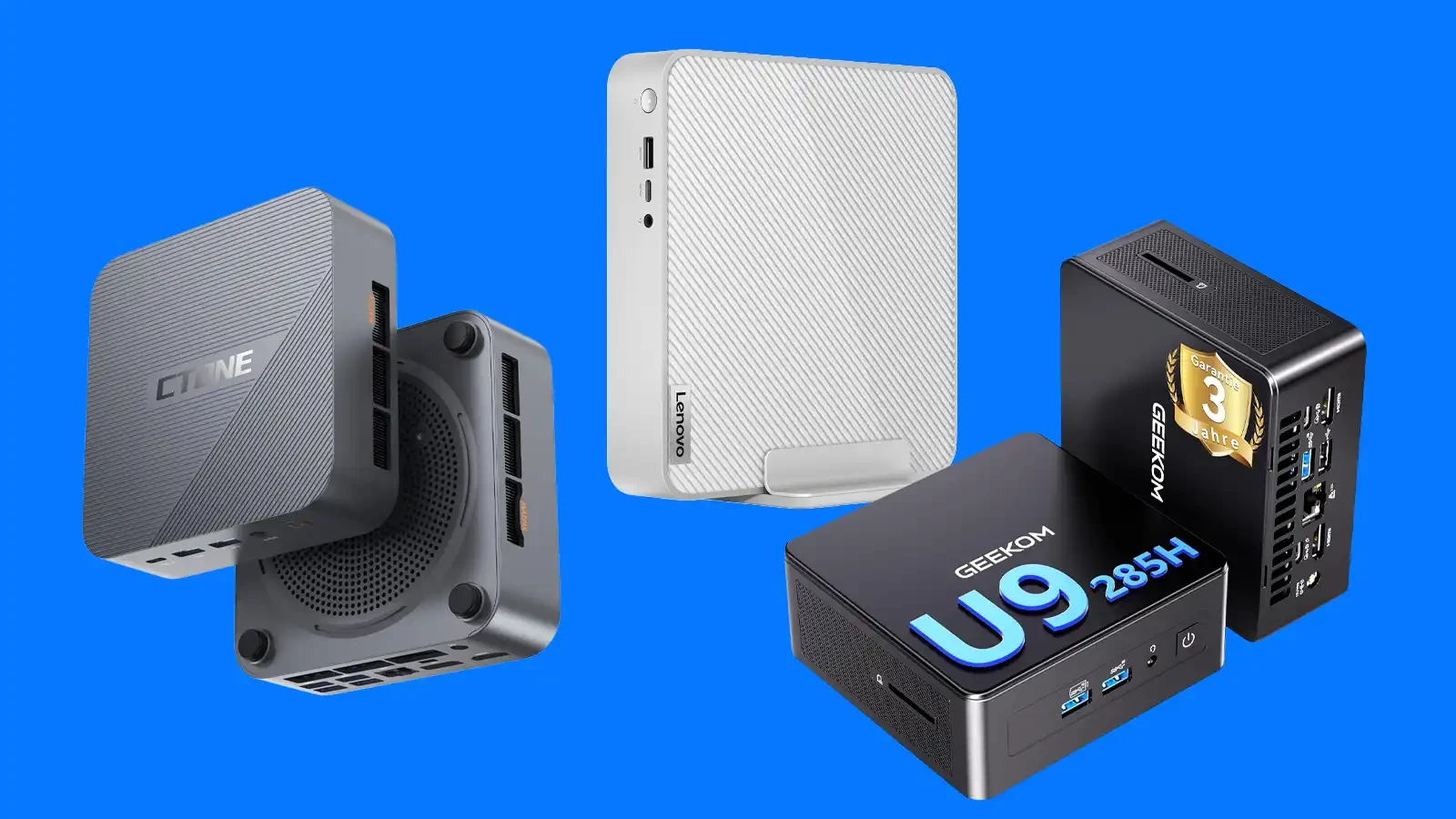 Group of small form factor PCs floating on a bright blue background including a white Lenovo mini PC and other grayblack units