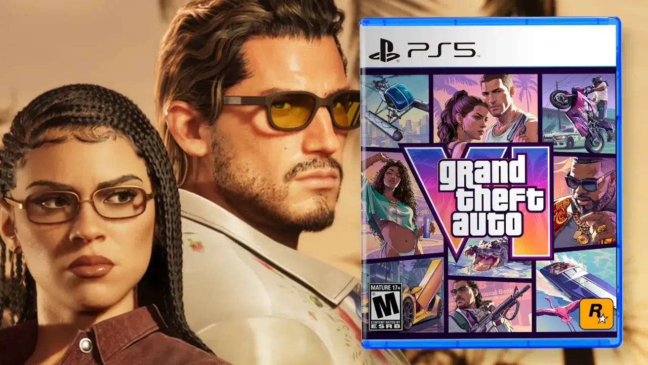 Two characters from a video game stand beside a PS5 game case for Grand Theft Auto V suggesting a promo image