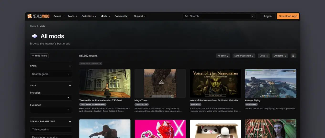 Screenshot of NexusMods All mods page with a dark theme featuring a left filter panel and a grid of mod thumbnails
