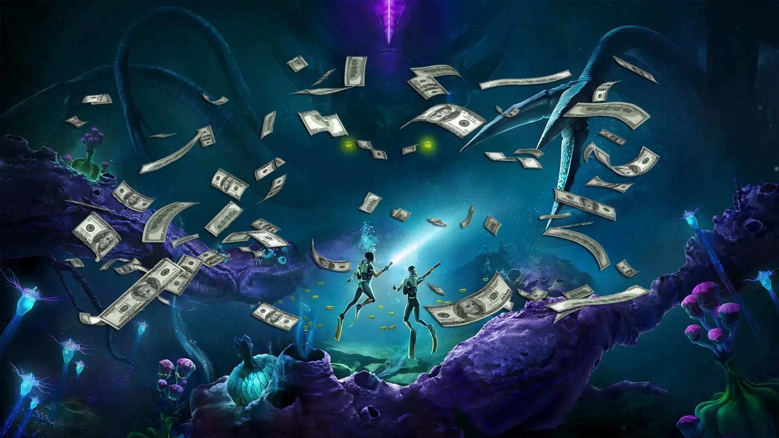 Two divers swim underwater as dollar bills rain around them in a glowing blue cavern surrounded by strange coral and a looming alien figure in the background