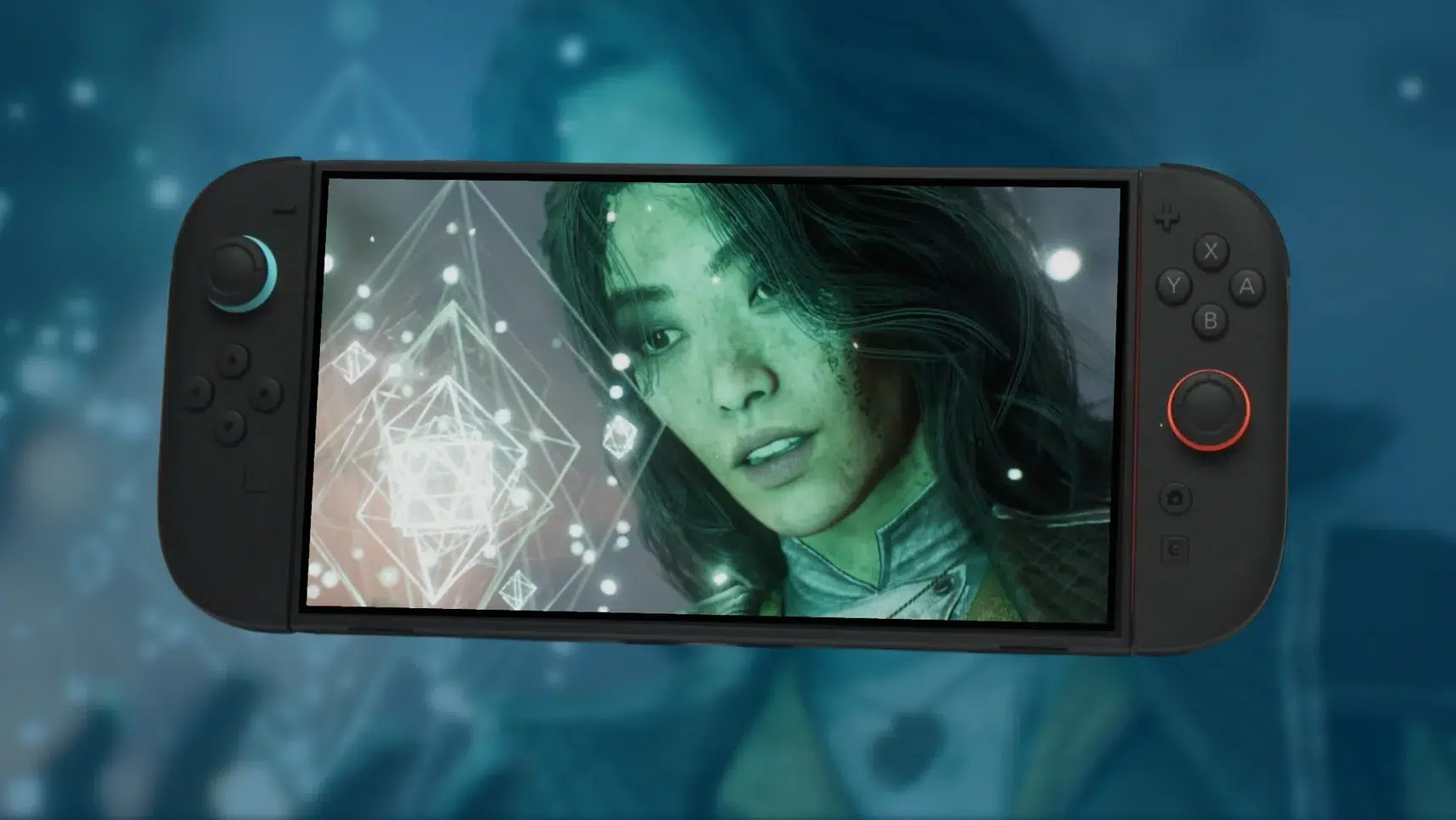 Handheld gaming console screen shows a green tinted portrait of a person with geometric neon shapes on the display