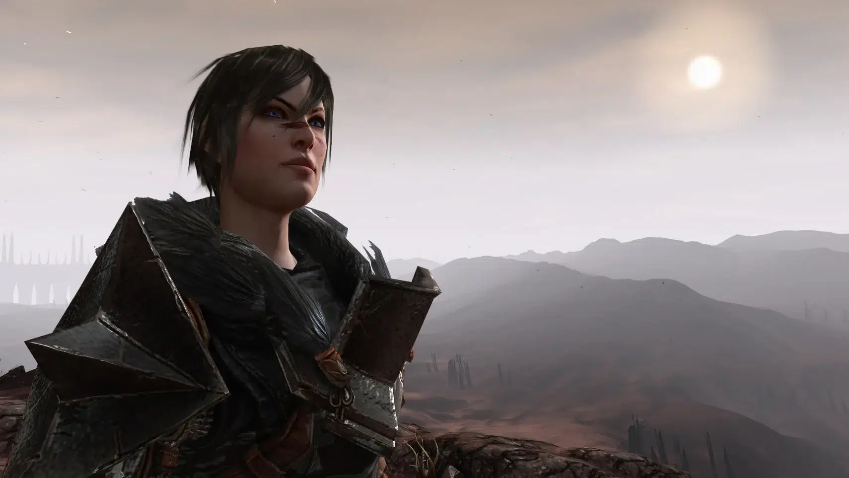 Close up of a female armored warrior gazing toward a desolate sunlit horizon in a bleak landscape