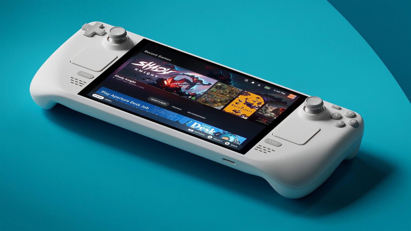 White handheld gaming console on a teal surface screen showing a game library with colorful thumbnails