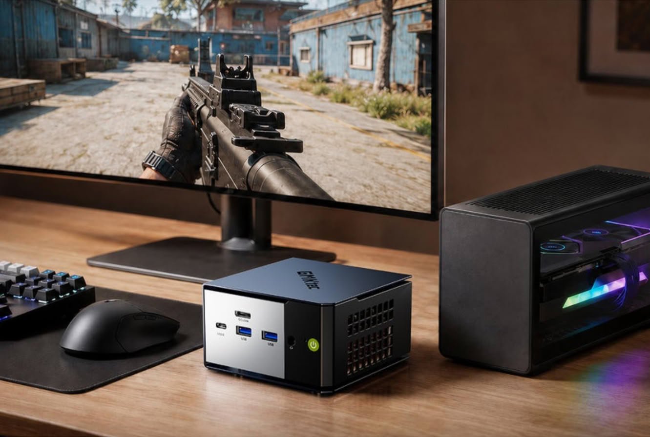 Gaming desk setup monitor displaying a first person shooter scene with a rifle mini PC in front and an RGB lit gaming tower to the side