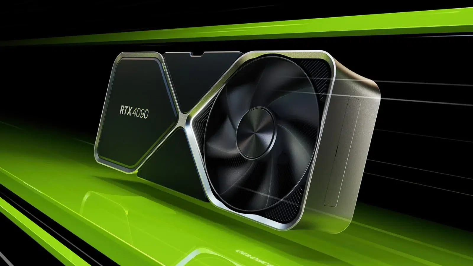 NVIDIA GeForce RTX 4090 graphics card with a large cooling fan set against a neon green and black background