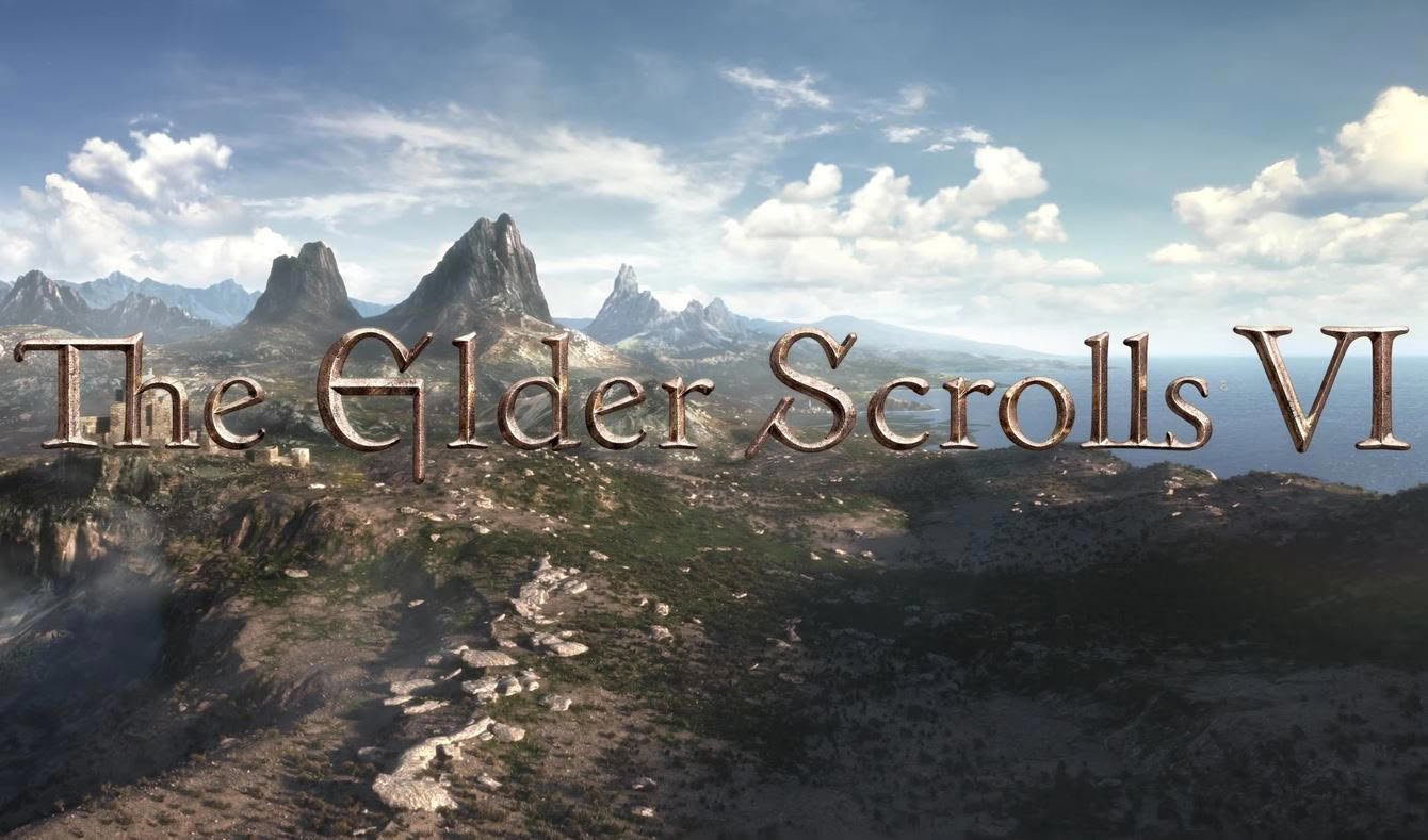 Copper colored The Elder Scrolls VI title spans a rugged mountainscape under a blue sky with rocky terrain and distant peaks behind it
