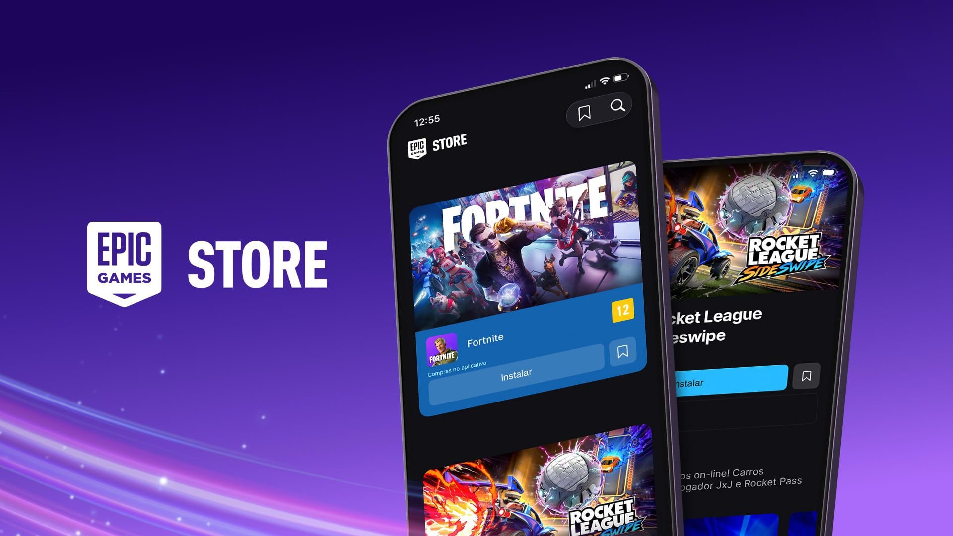 Epic Games Store logo with two tilted smartphones showing game storefronts on a purple gradient background