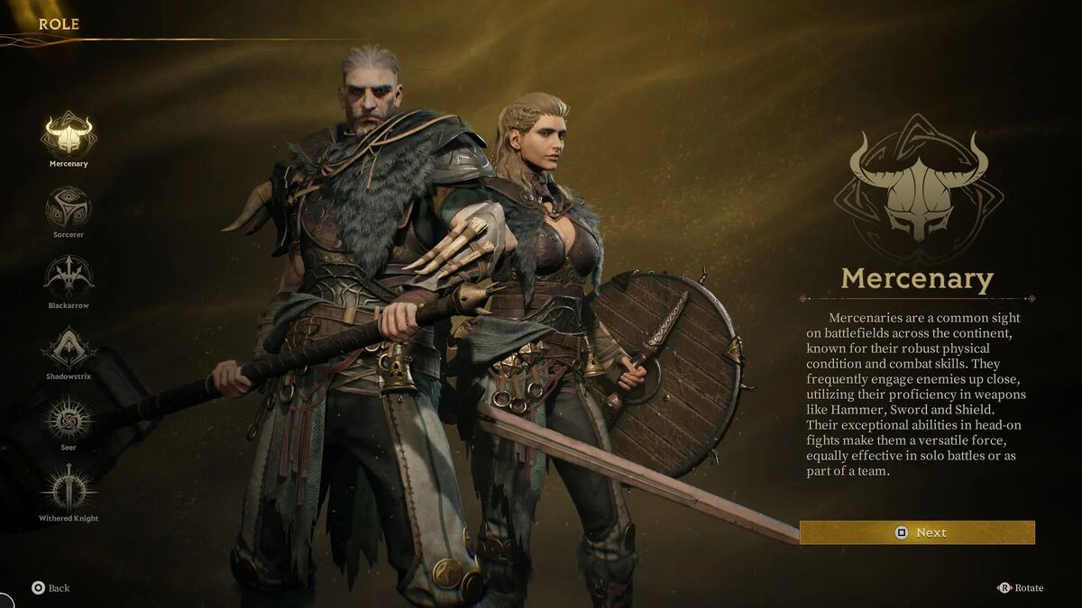 Two armored warriors stand back to back on a fantasy class selection screen a left vertical list shows class icons the right panel highlights the Mercenary class with a description and Next button