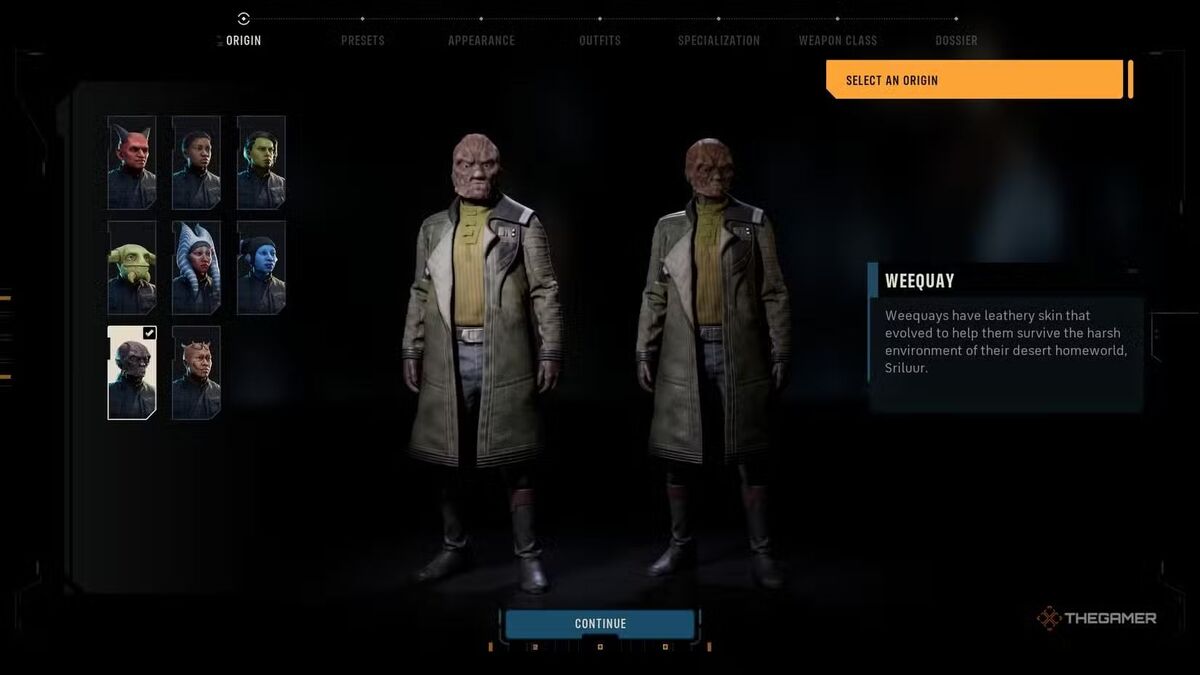 Экран создания персонажа в Star Wars Zero Company с представителями расы викий