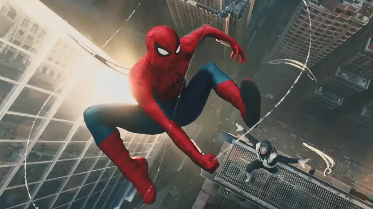Spider Man swings between tall buildings above a city using web lines