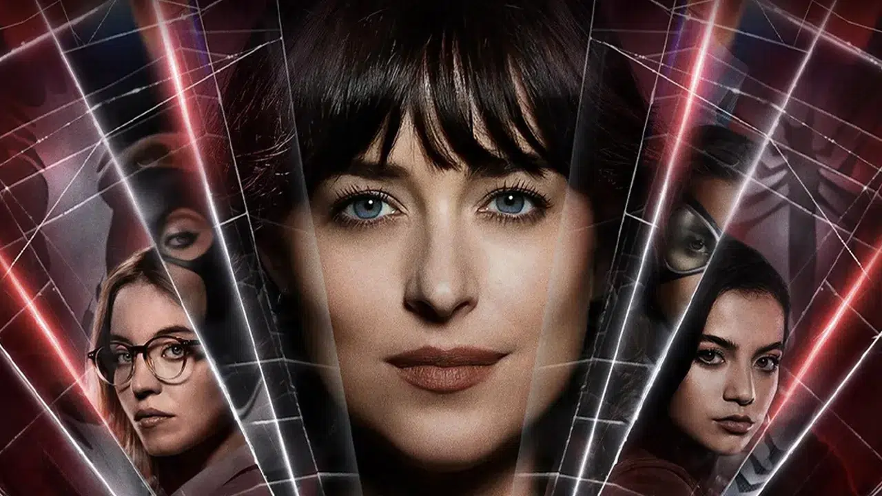 Close up of a woman with blue eyes framed by glass panels and red neon lights with other faces reflected in the background