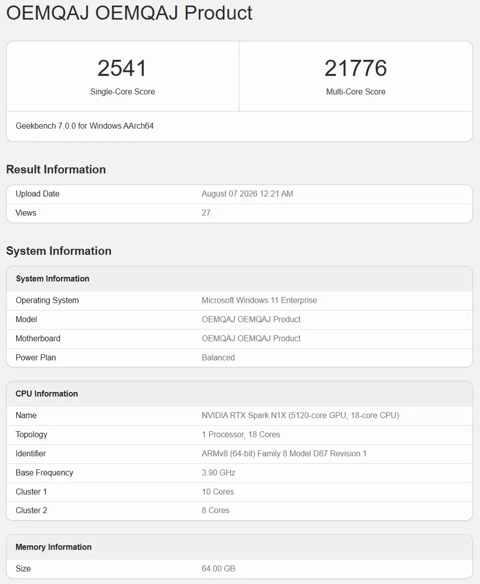 Изображение к статье: RTX Spark засветился в Geekbench: есть версия на 18 ядер