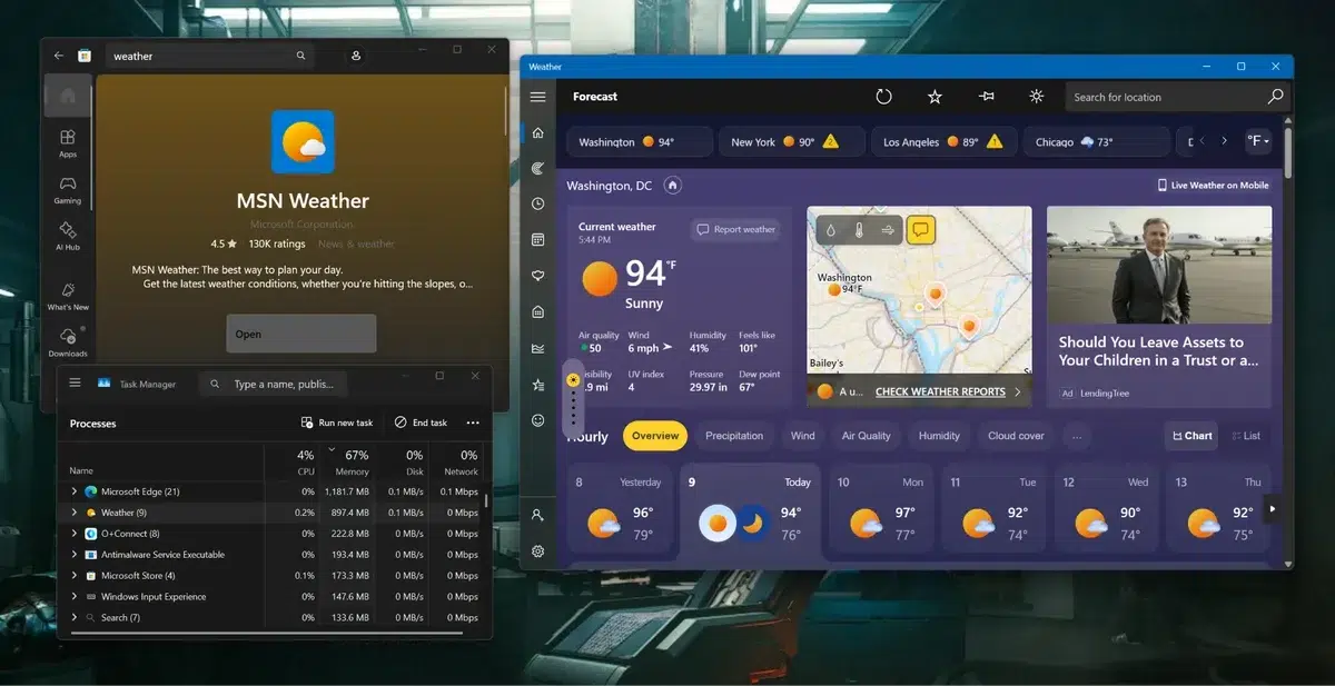 Изображение к статье: Погода в Windows 11 съедает до 1,2 ГБ ОЗУ и показывает рекламу