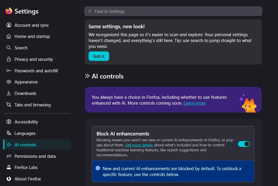 Изображение к статье: Firefox 148 получил общий выключатель ИИ-функций