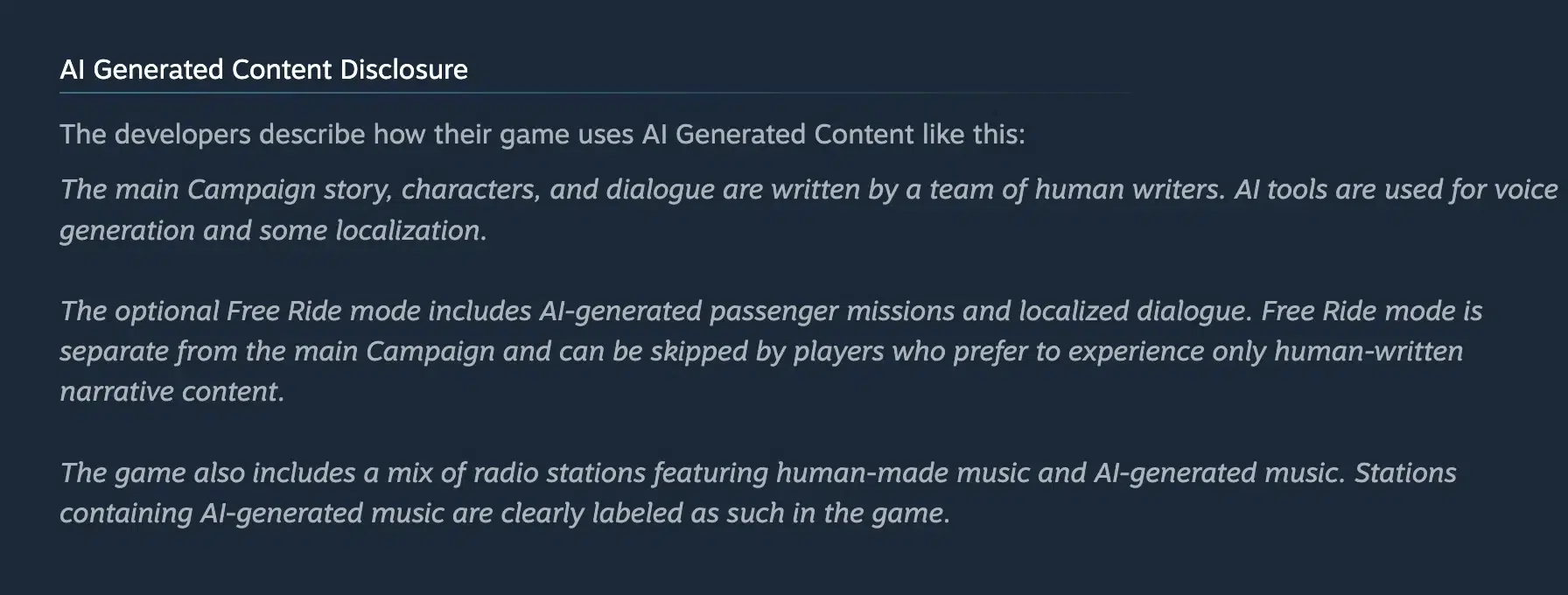 Изображение к статье: Saber добавила AI-дисклеймер в Steam после спора о сценаристах