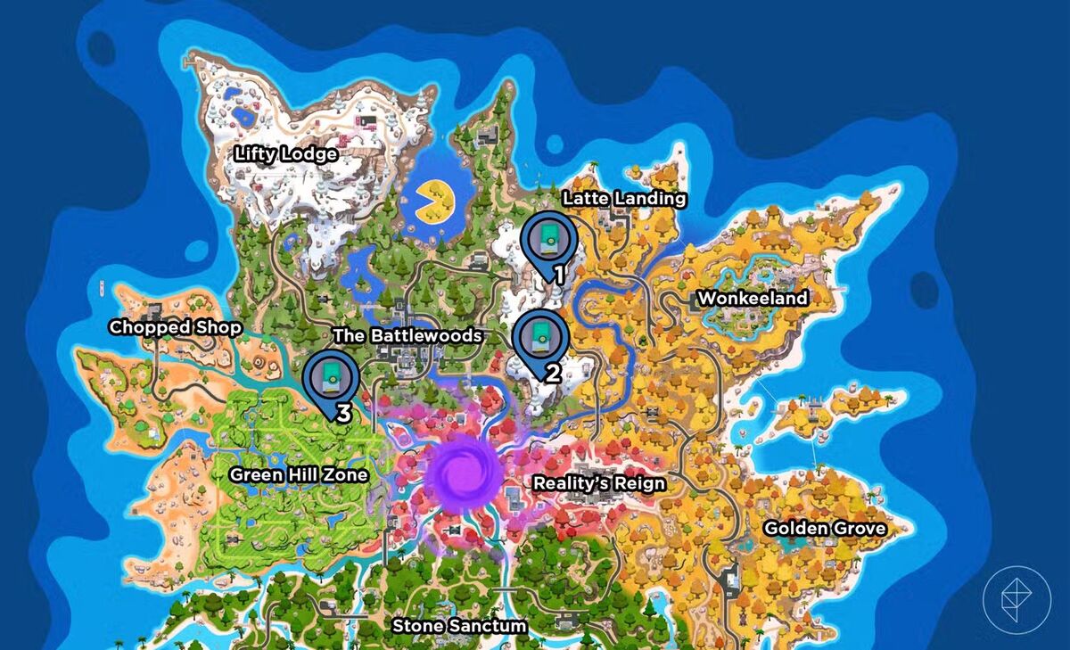 Карта Fortnite Глава 7 Сезон 4 с отмеченными местами расположения трёх аудиозаписей