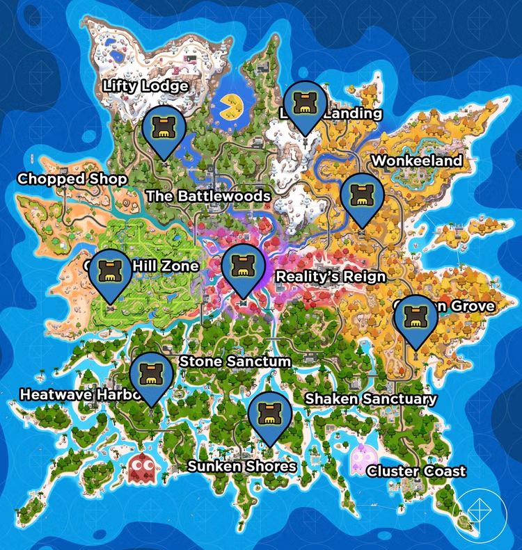 Карта Fortnite Chapter 7 Season 4 с отметками мест расположения консолей изменения матча