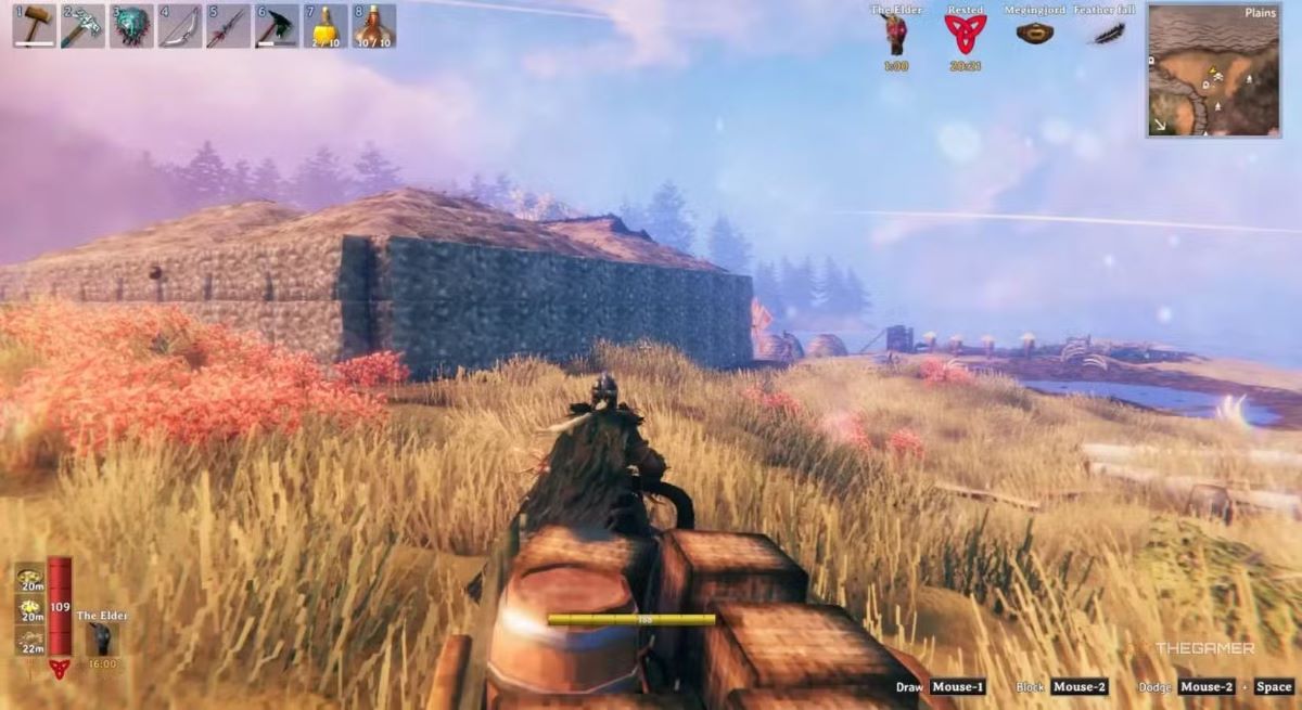 Игрок использует крюк кошку в Valheim