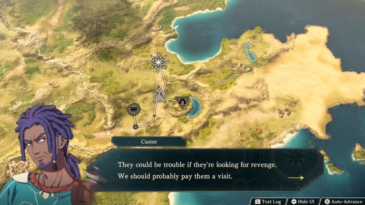 Кастор в Fire Emblem Fortune's Weave говорит: &laquo;Если они ищут мести, могут возникнуть проблемы. Нам, наверное, стоит навестить их&raquo;