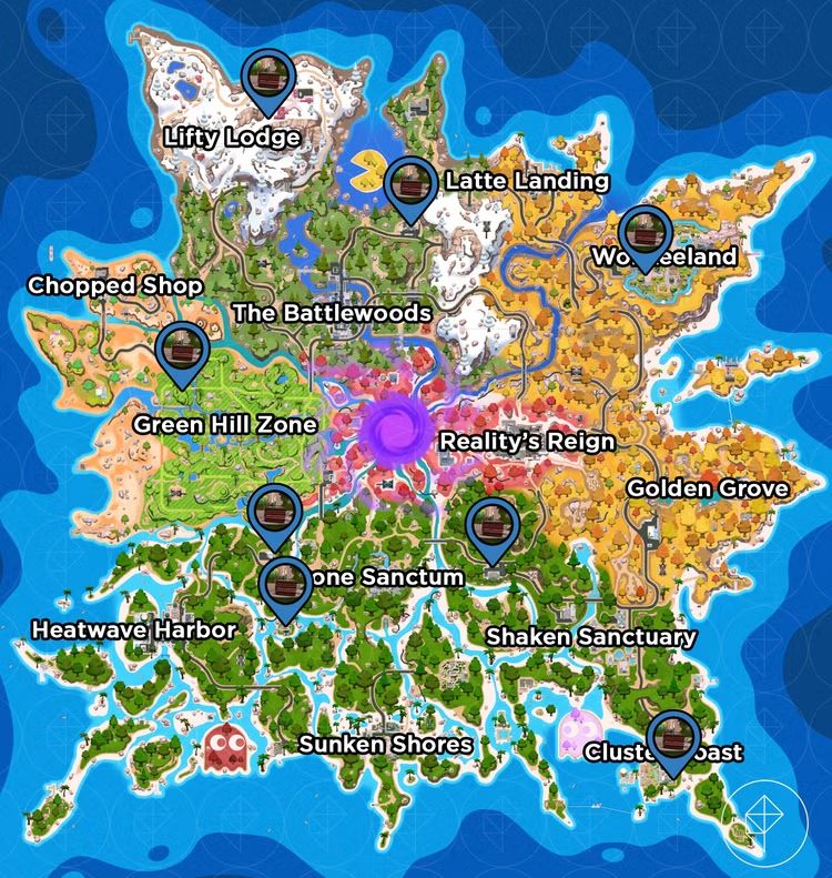 карта Fortnite Chapter 7 Season 4 с отмеченными местами расположения праздничных тортов