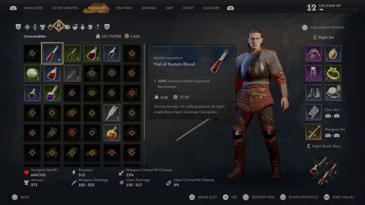 Меню расходуемых предметов в инвентаре The Blood of Dawnwalker