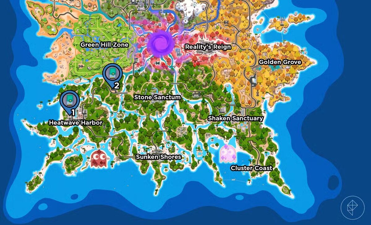 Карта Fortnite Глава 7 Сезон 4 с отмеченными местами расположения двух аудиозаписей
