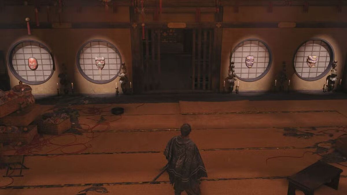 Скриншот Onimusha Way of the Sword на котором четыре маски в стиле театра кабуки изображены на окнах