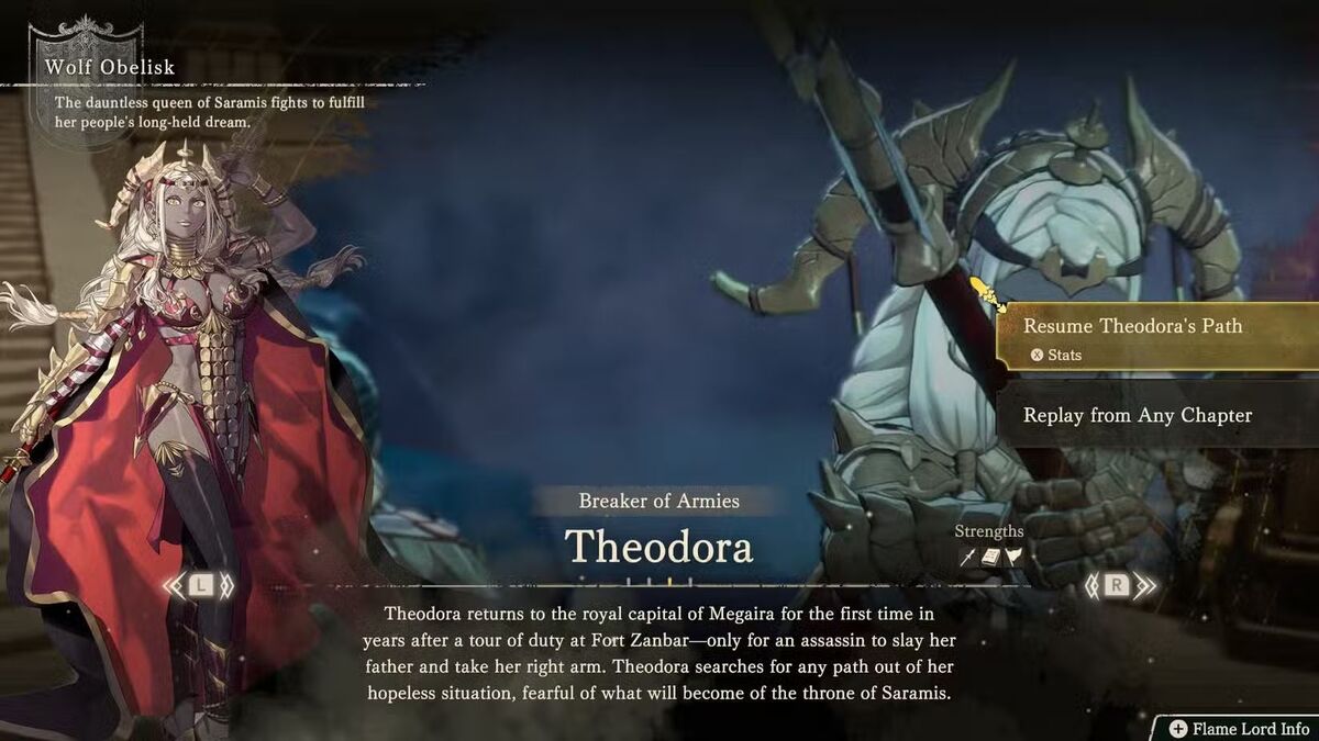 меню Fire Emblem Fortune's Weave, из которого можно начать или продолжить путь Теодоры