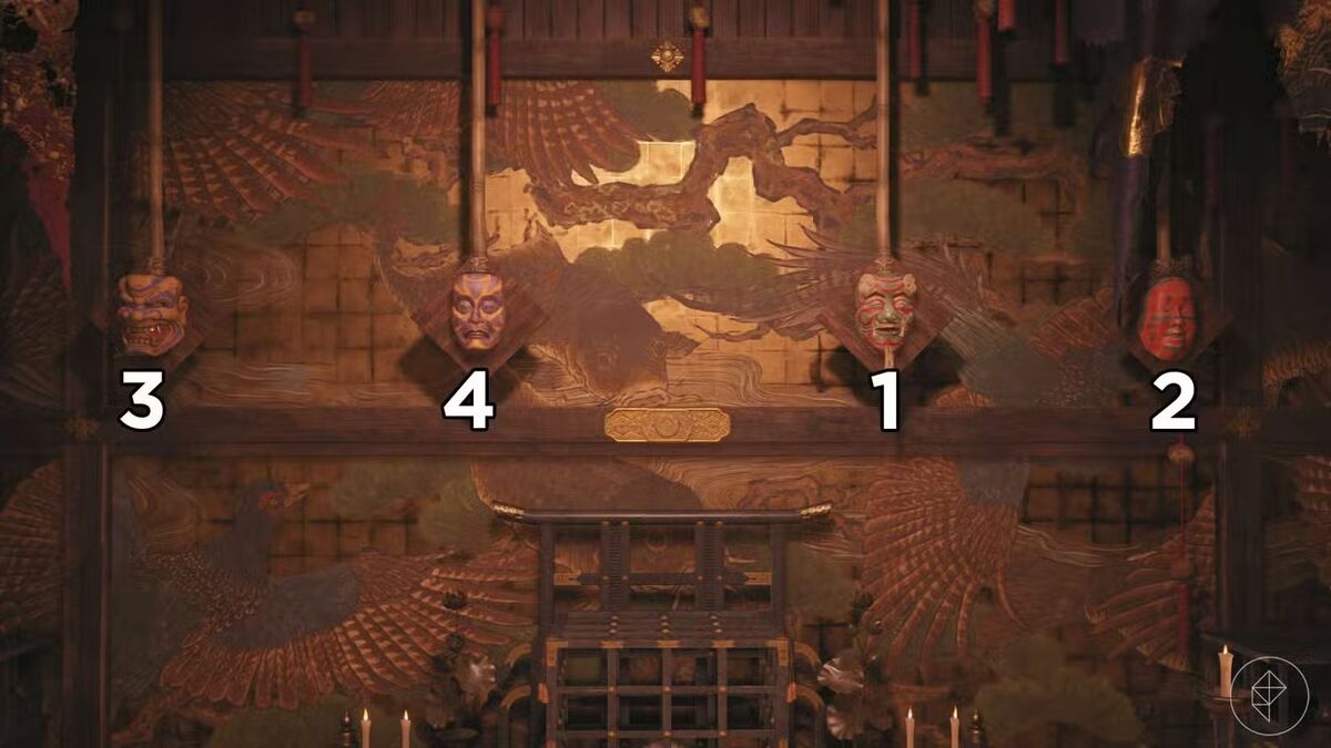 Скриншот Onimusha Way of the Sword с порядком в котором нужно поразить маски чтобы решить головоломку