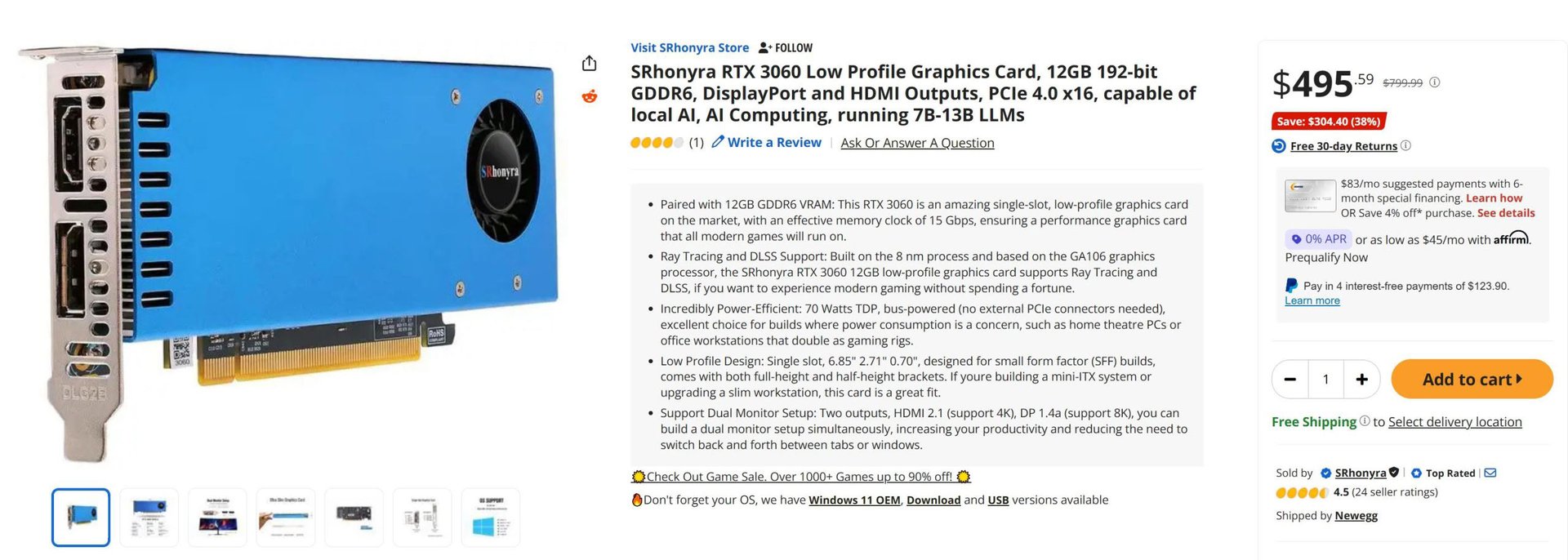 RTX 3060 без кабеля питания вышла за $495