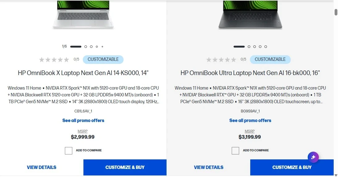 На сайте HP появились цены OmniBook X 14 и Ultra 16 RTX Spark